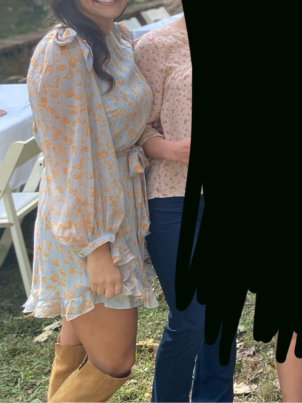 Light Blue and Orange Floral Long Sleeve Tie-Waist Mini Dress